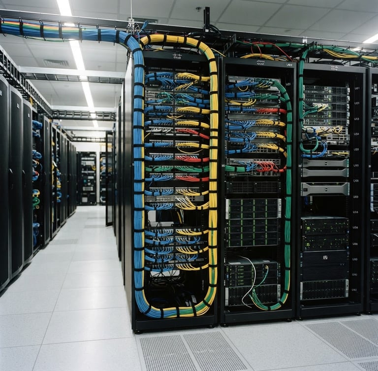 Cleanly organized server racks with labeled structured cabling, bright commercial indoor lighting, crisp details, structured technical environment, realistic color grading, 35mm lens