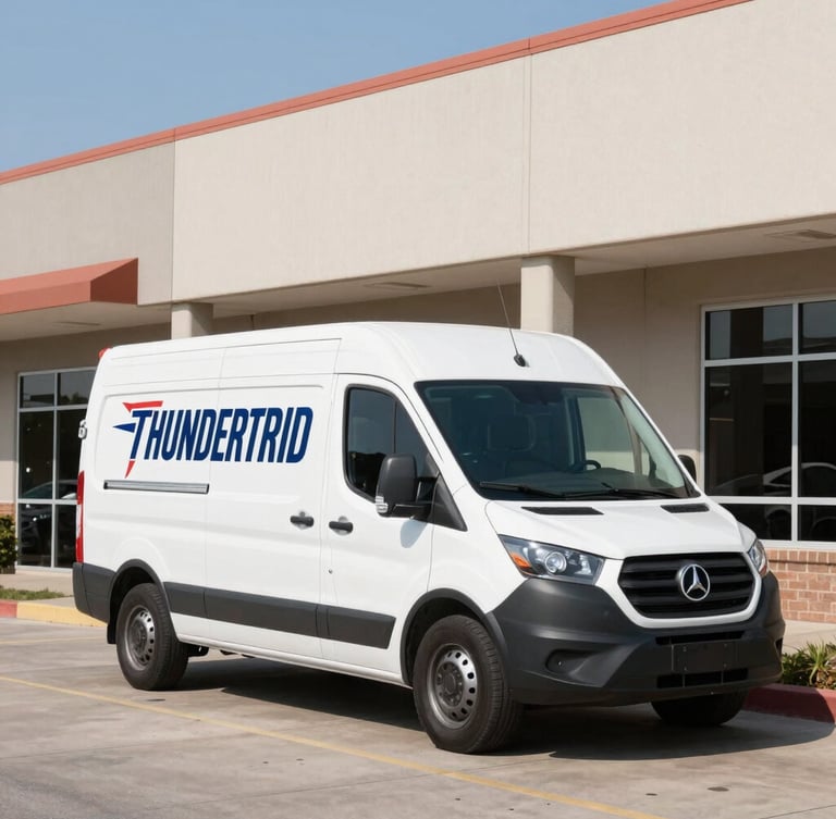 Thunderbird branded service vehicle parked in front of a commercial building, bright natural daylight, wide environmental shot, realistic color grading, 35mm lens