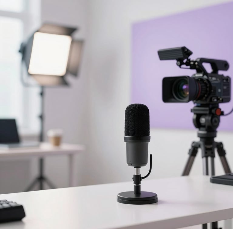 A bright, modern media production studio, professional key lights illuminating an empty desk with a high-end microphone and camera setup, shallow depth of field, 35mm