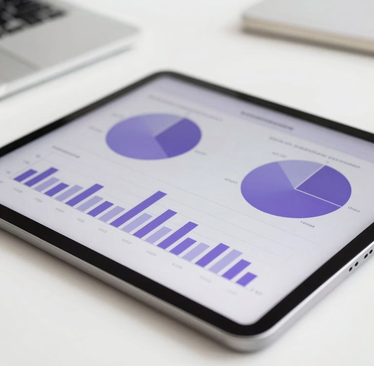 Close-up of a modern digital tablet displaying clean demographic analytics charts with purple accents, resting on a clean white desk in natural daylight, shallow depth of field