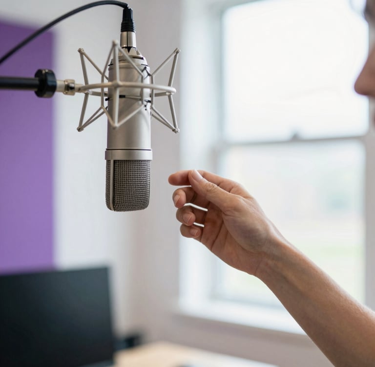 A professional creator in a bright, modern recording studio, adjusting a high-end microphone, soft natural window light, shallow depth of field, 35mm photography