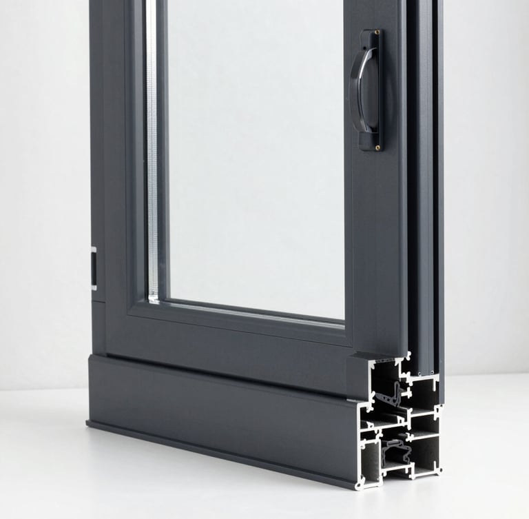 Straight-on architectural medium shot of a newly installed matte-black aluminum window frame, bright natural daylight, crisp structural seals, clean white wall background, 35mm lens.