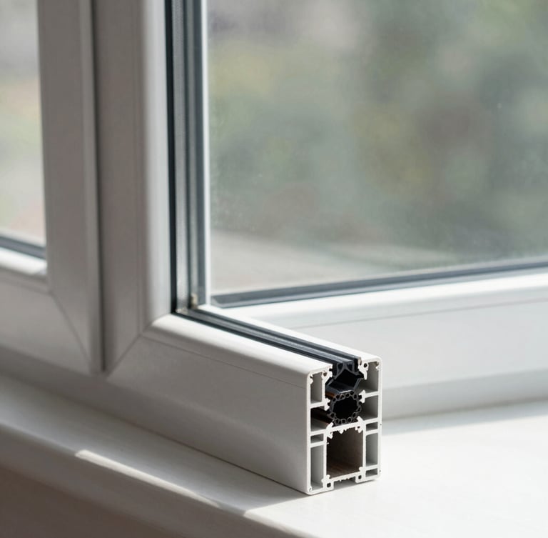 Straight-on architectural close-up of a newly installed double-glazed aluminum window frame, clean rubber seals, bright natural daylight, crisp structural details, 35mm lens