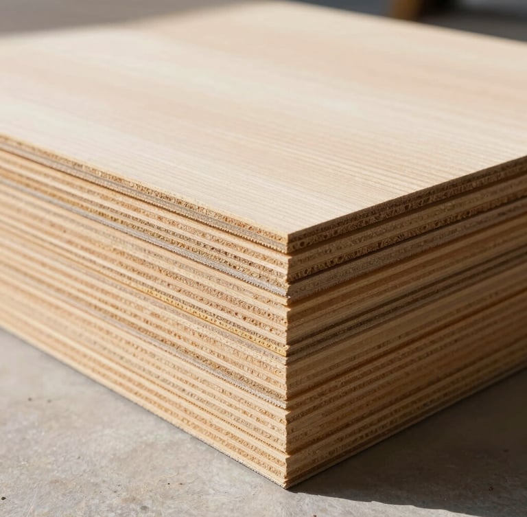 Close-up architectural texture of sustainable low-formaldehyde wood boards stacked neatly on a clean workshop floor, natural daylight, crisp details, 35mm lens.