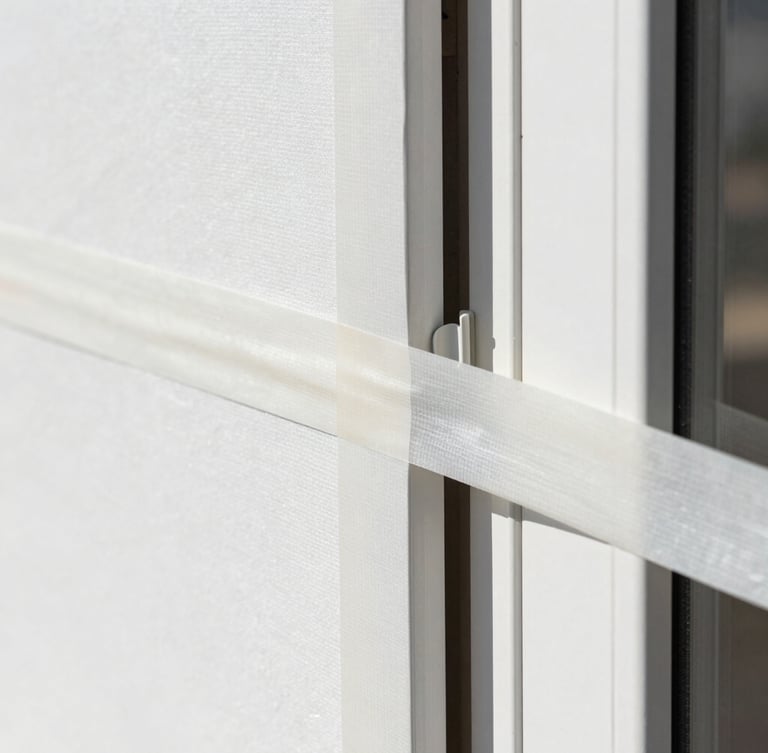 Close-up of professional dust-control sheeting neatly taped to a doorway, bright daylight, clean workspace, high precision
