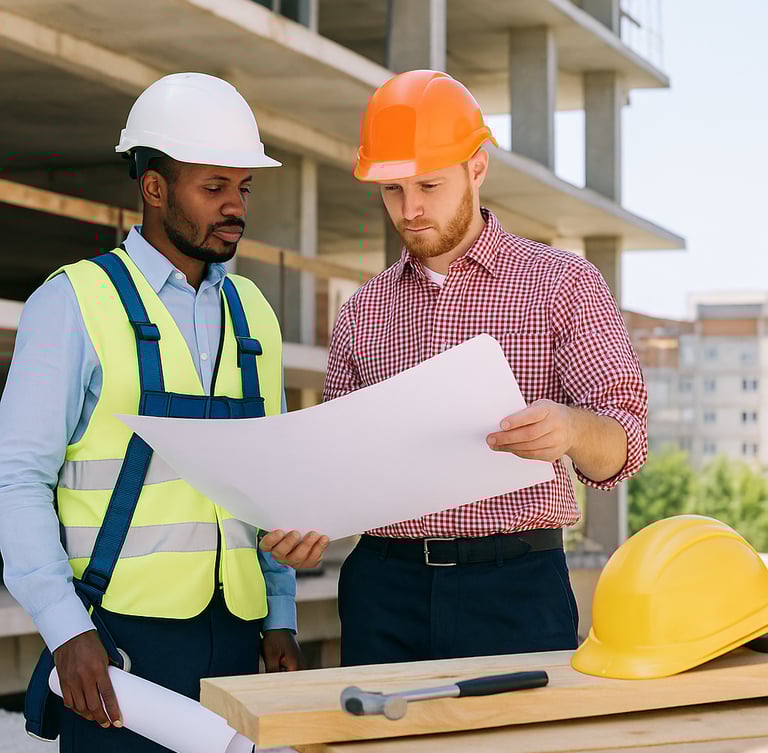 Two engineers reviewing site drawings at construction site