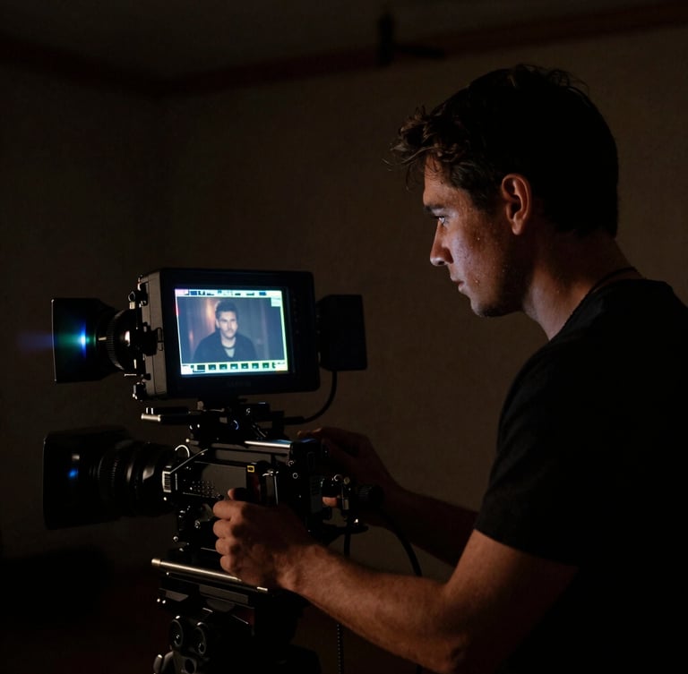 Dark cinematic film photography, dramatic low-key lighting, director looking at a high-end camera monitor on a moody set, anamorphic lens flares, rich color grading, 35mm