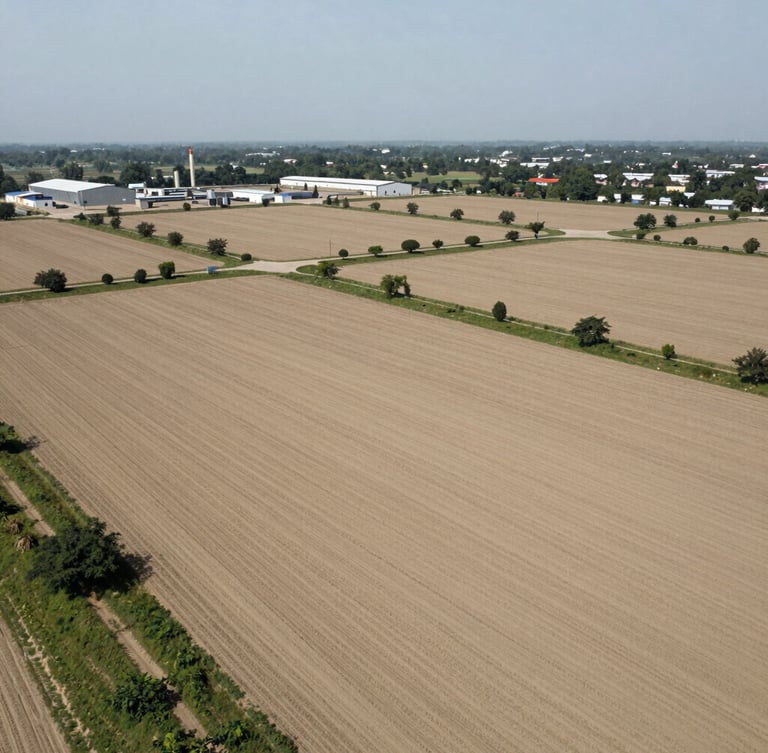 High-angle aerial drone photograph of a structured industrial plot boundary in Kundli, crisp daylight, desaturated olive and sand tones, 35mm