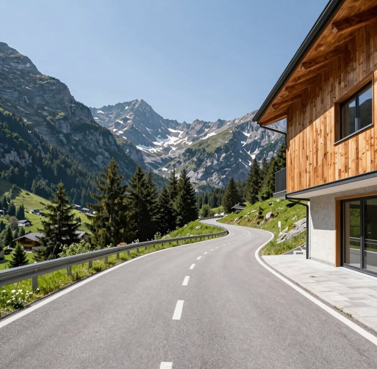 Wide panoramic shot of a modern asphalt mountain road winding through the valley of Virgen Osttirol, bright daylight, clear visibility, surrounding green pine forests and alpine peaks