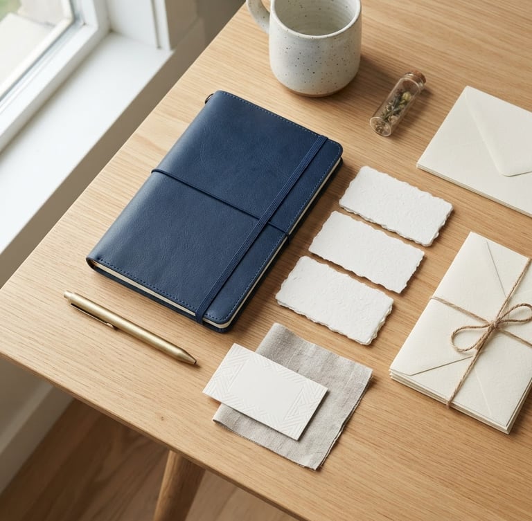 Overhead flat-lay of physical brand collateral, textured paper business cards, and a clean leather notebook on a bright wooden desk, natural window light, sharp focus