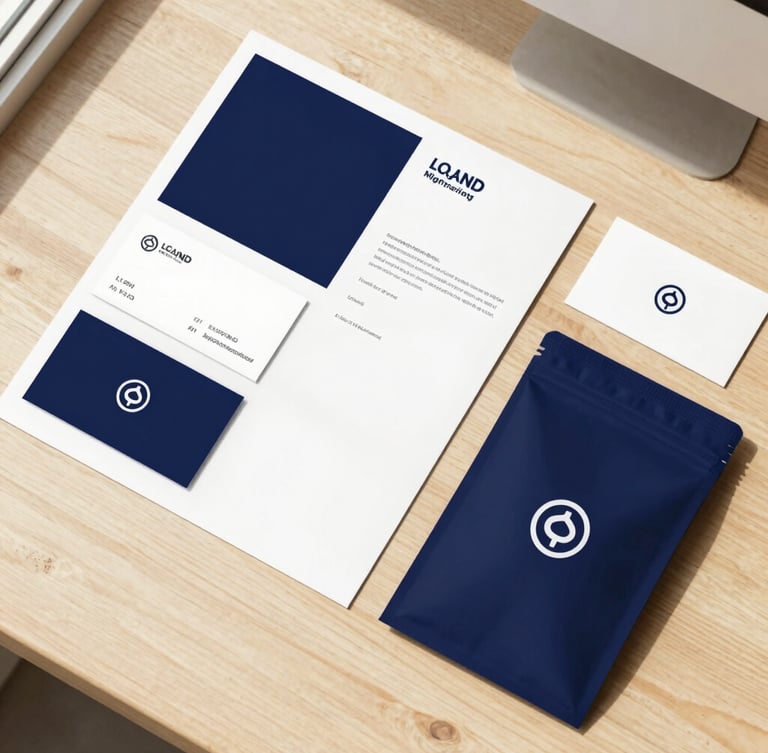 Overhead flat-lay of printed brand collateral, business cards, and packaging mockups on a light wooden desk, bright natural sunlight with crisp shadows