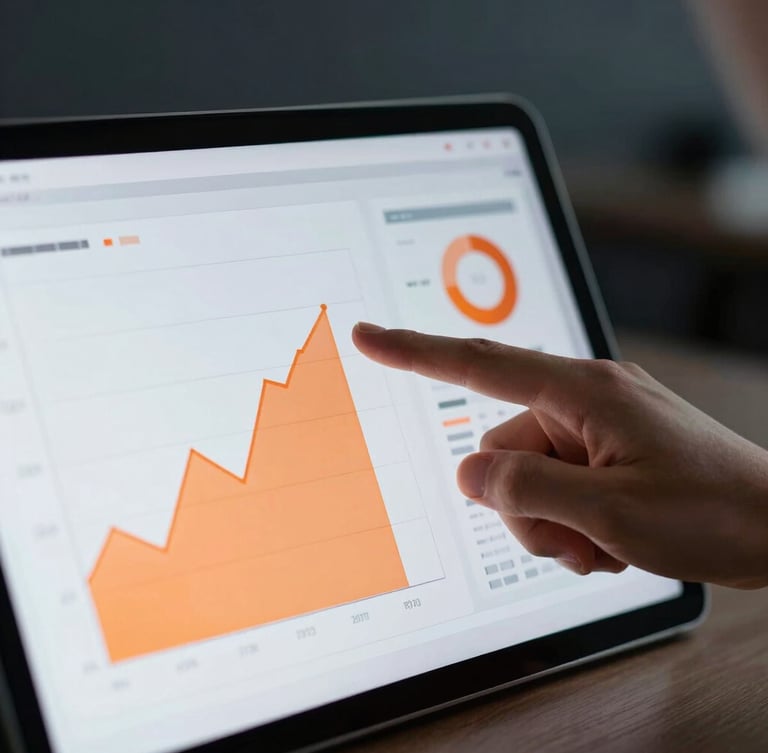 Close-up of a financial analyst pointing at a tablet screen displaying clean orange and gray charts, modern dark office background, sharp high-contrast lighting, 35mm