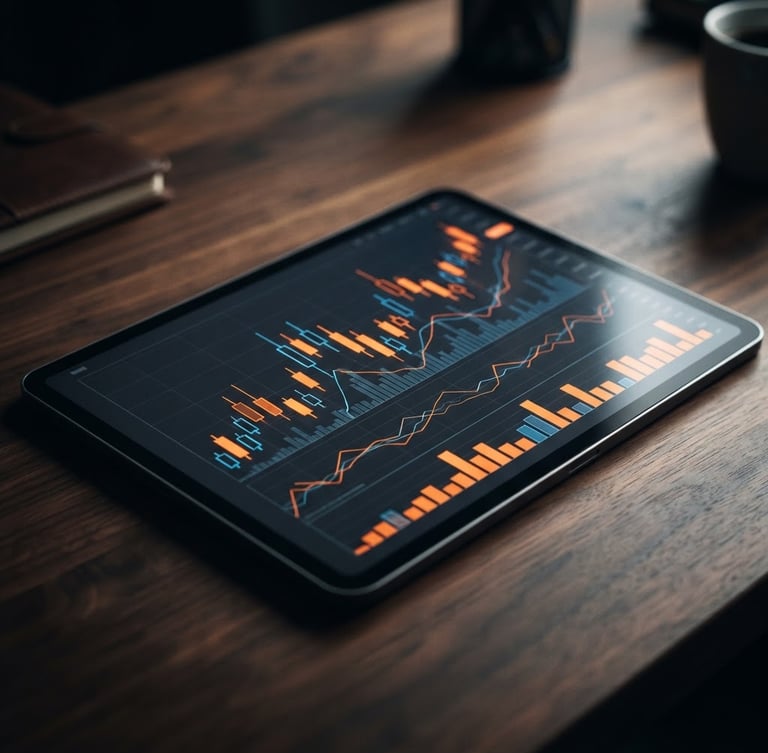 Close-up of a modern tablet displaying glowing financial charts and graphs on a dark wooden desk, sharp high-contrast lighting, deep charcoal and vibrant orange tones, professional editorial style, 35mm