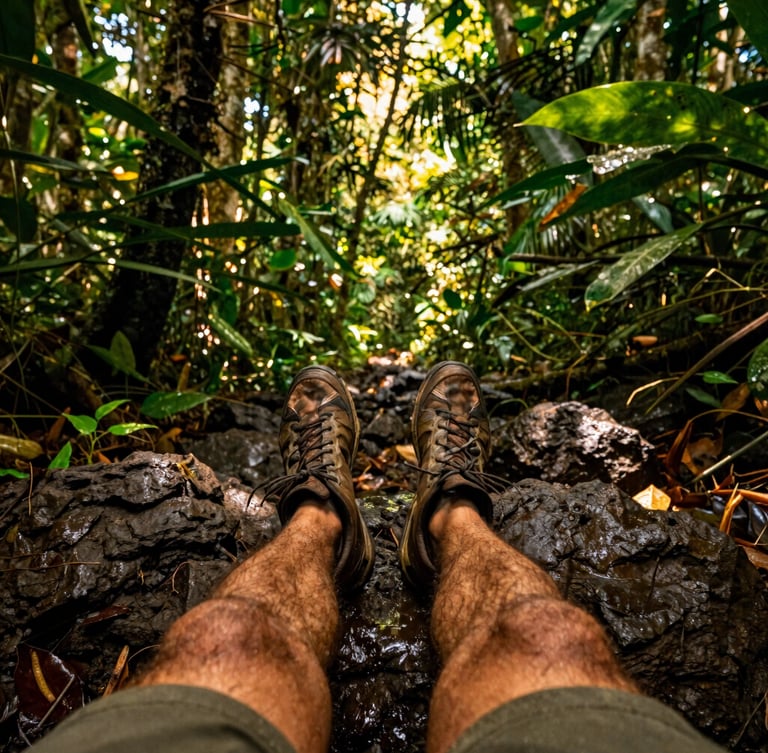 First-person perspective of hiking through a dense Costa Rican rainforest, rich dappled jungle sunlight filtering through leaves, wet volcanic rocks, warm editorial adventure photography, 35mm lens