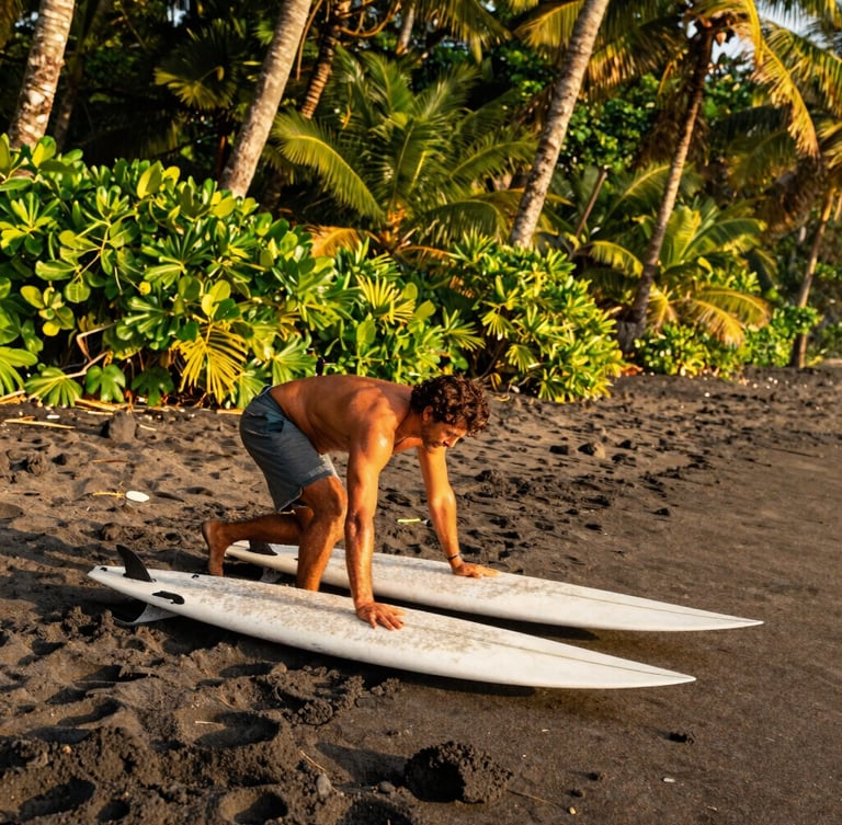 A local Costa Rican guide preparing surfboards on a dark volcanic sand beach, warm golden-hour beach tones, rich saturated greens and golden tones, 35mm lens, authentic action