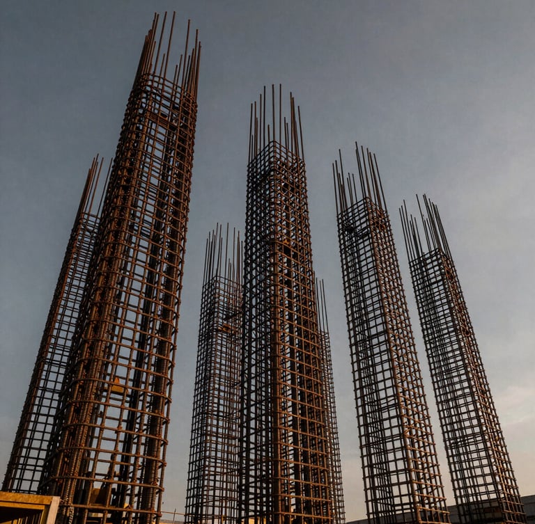 Dramatic low-angle shot of massive structural steel reinforcement cages at golden hour, dark overcast sky, heavy industrial scale, high contrast.