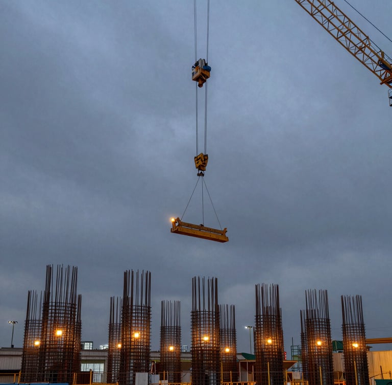 Wide panoramic environmental shot of a massive steel reinforcement cage being hoisted by a heavy crane at dusk, dark overcast sky, amber safety lights glowing.