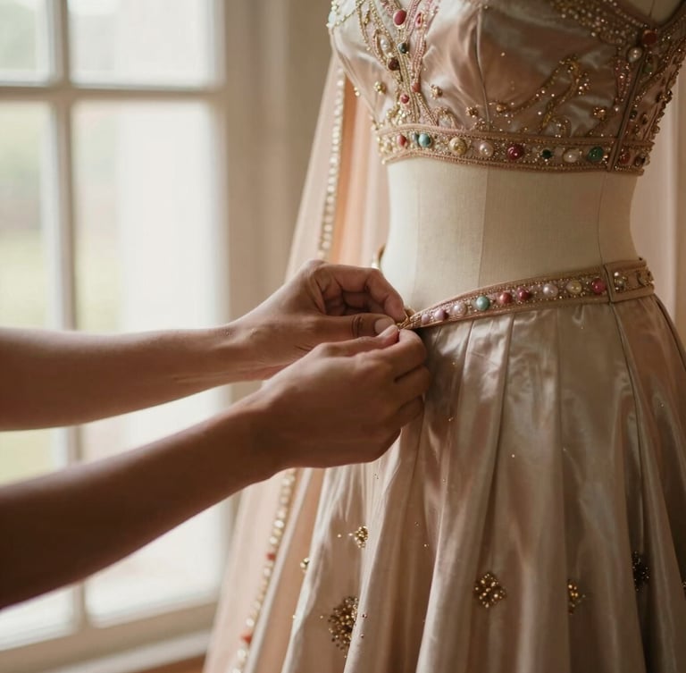 Close-up of a designer's hands adjusting a heavy champagne-colored silk bridal lehenga on a mannequin, warm directional window light, shallow depth of field, 35mm