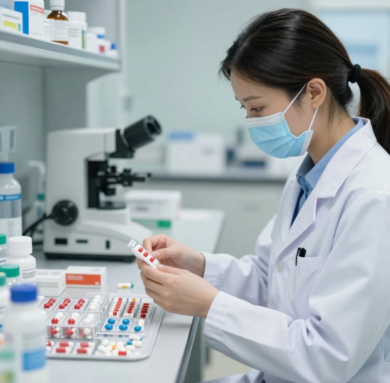 A professional pharmacist in a clean-room environment inspecting sorted medications under bright clinical lighting, sharp focus, 50mm lens