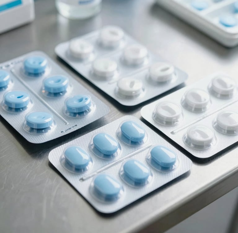Crisp clinical photography of organized multi-dose blister packs on a clean stainless steel pharmacy table, bright natural daylight, soft blue and white tones, sharp focus