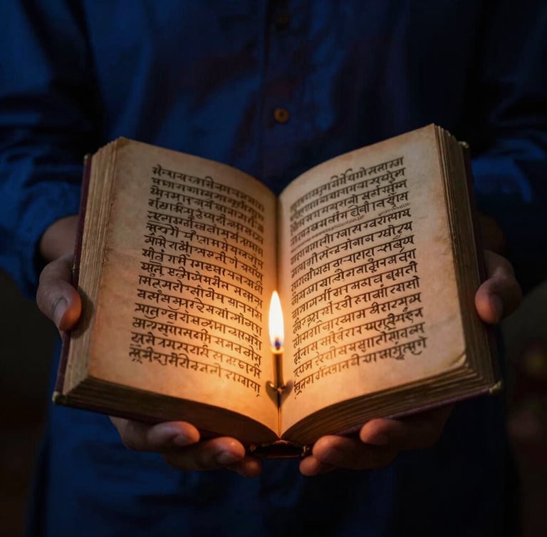 Hands holding an ancient Sanskrit manuscript under warm candlelight, rich golden-hour glow, low-key dramatic lighting, 35mm