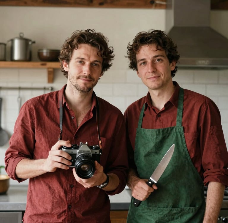 A warm, editorial portrait of two founders, one holding a vintage camera, the other a chef's knife, in a softly lit, rustic kitchen. Soft natural daylight, rich crimson and forest green tones, shallow depth of field.