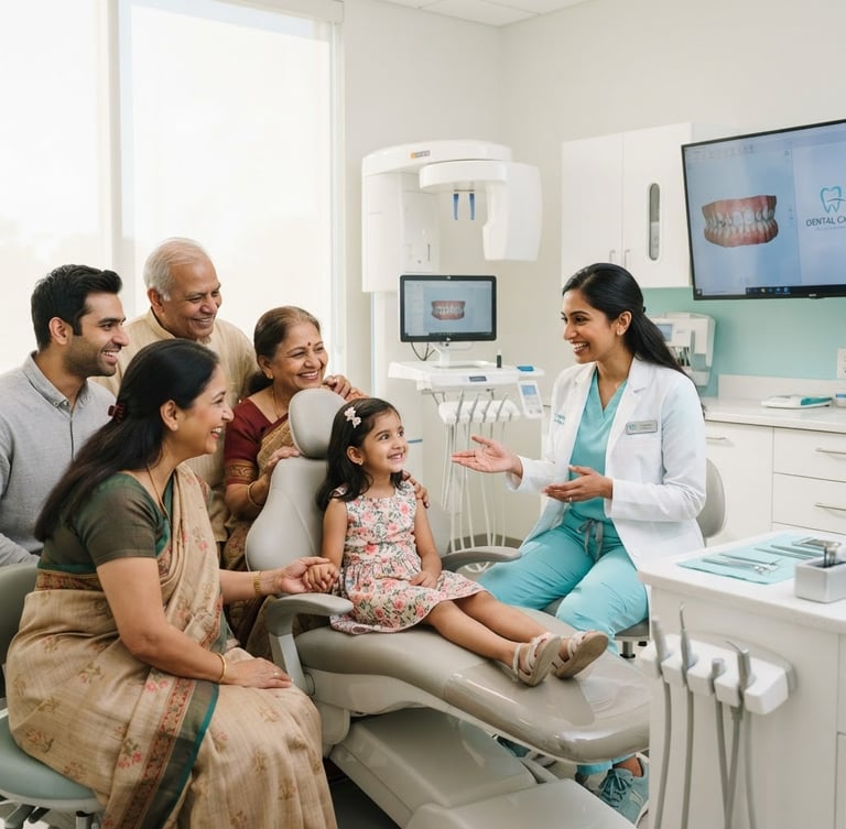 Professional Indian dentist smiling, interacting with a multi-generational Indian family in a modern, bright clinic, advanced digital dental equipment visible in background, soft high-key daylight, clean white and aqua tones, editorial.