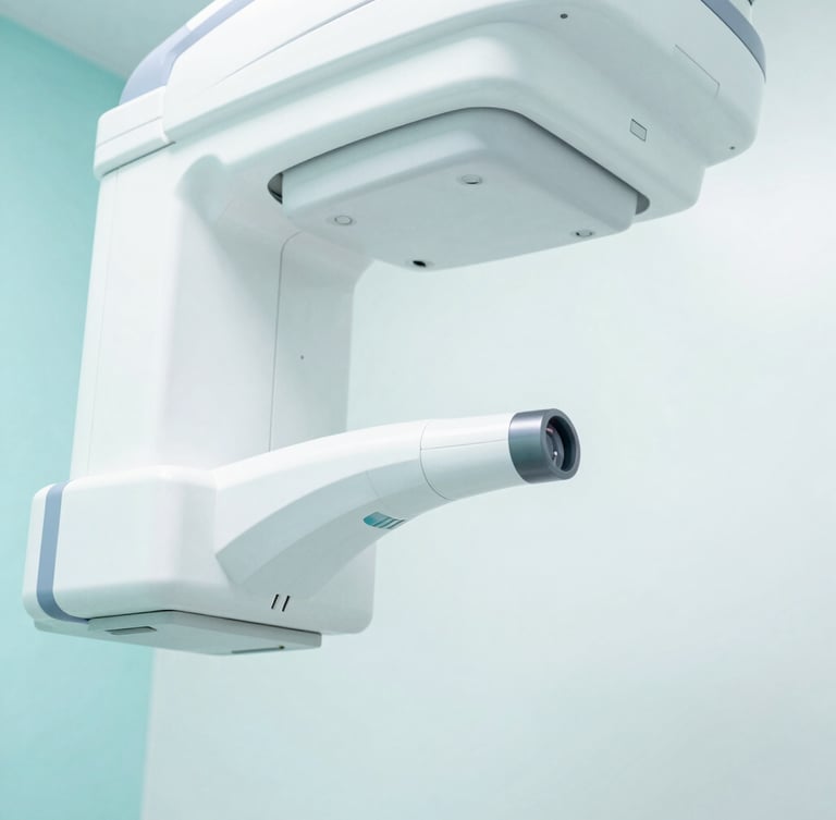 Close-up of a modern dental X-ray machine or digital scanner in a pristine, bright clinic, showcasing advanced technology. Soft studio lighting, clean white and aqua tones.