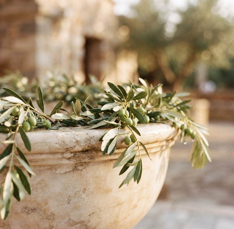 Close-up of fresh silver-green olive branches draped over a warm white marble font, soft golden hour sunlight, 35mm editorial photography.