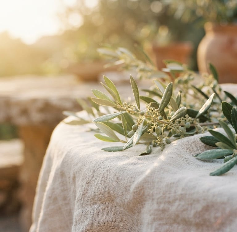 Warm editorial close-up of delicate olive branches and white linen under golden-hour Mediterranean light, soft focus, 35mm