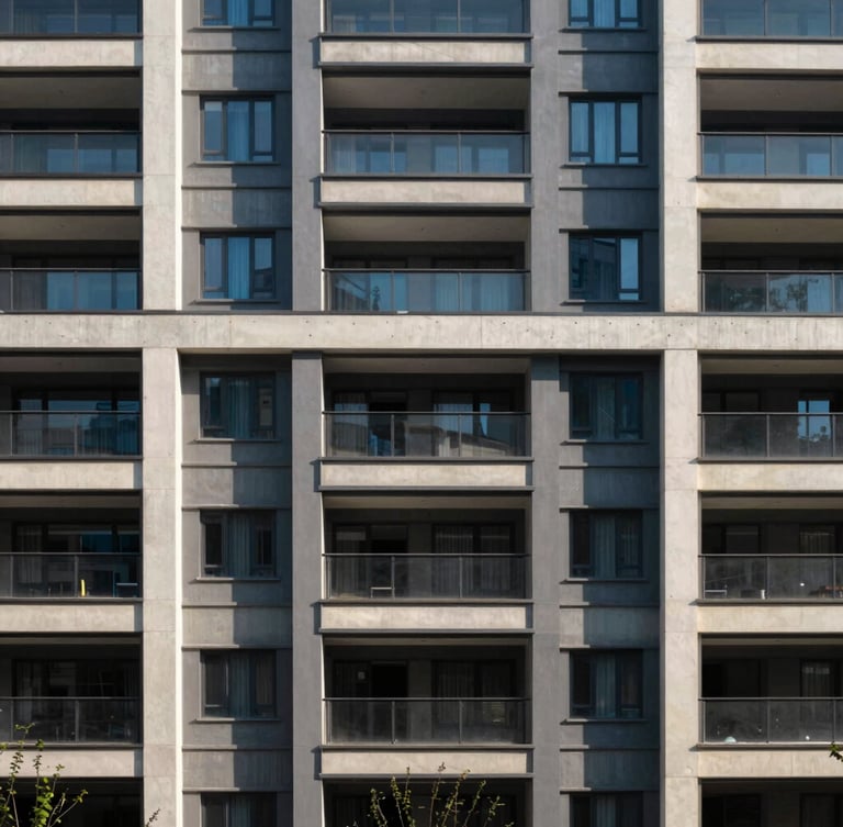 Symmetrical architectural shot of a modern high-end residential facade, concrete textures, warm natural daylight casting sharp diagonal shadows, 35mm