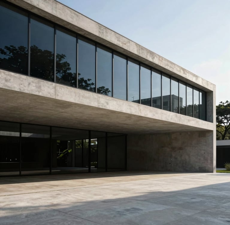 Wide architectural shot of a modern concrete and glass pavilion in São Paulo, sharp geometric shadows, soft natural daylight, minimalist luxury, 35mm.