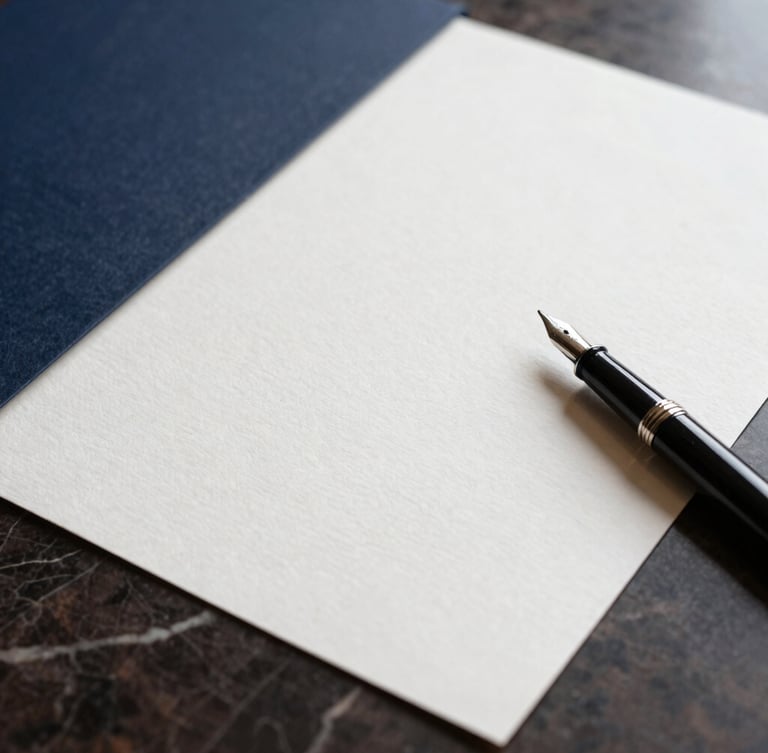 Close-up of premium textures, fine cotton paper with a fountain pen resting on a dark marble table, soft side lighting, elegant and minimal.
