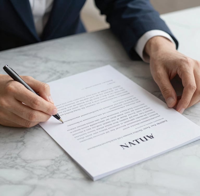 Close-up of hands signing a premium textured document on a heavy marble table, soft side light, focus on the paper texture and clean minimalist desk setup.