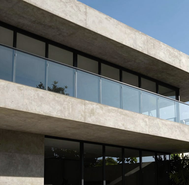 Sophisticated contemporary concrete and glass architectural lines, sharp shadows, soft natural daylight, luxury brazilian residence