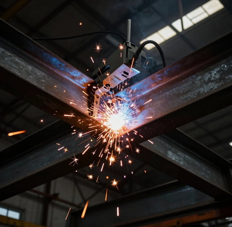 Low-angle dramatic shot of structural steel beams in a dark fabrication workshop, bright orange welding sparks flying from an active arc welder, deep industrial shadows, raw metal textures.