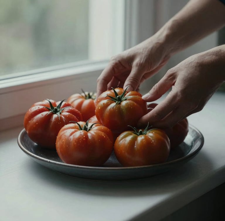 A portrait crop of hands arranging organic heirloom tomatoes on a dark ceramic platter, natural diffused window light, deep moody shadows, Scandinavian aesthetic.