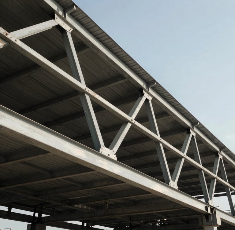Low-angle heroic shot of massive PEB steel roof trusses mid-erection against a clear sky, harsh midday sun casting sharp shadows on raw steel