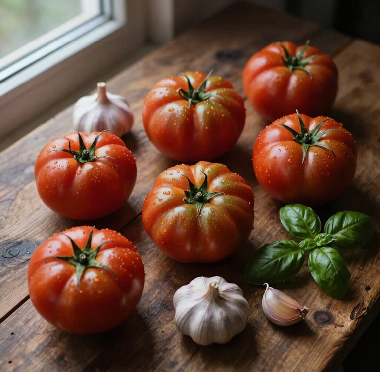 Overhead tablescape of raw heirloom tomatoes, garlic bulbs, and fresh basil on a rustic wooden surface, natural diffused north-facing window light with deep moody shadows.