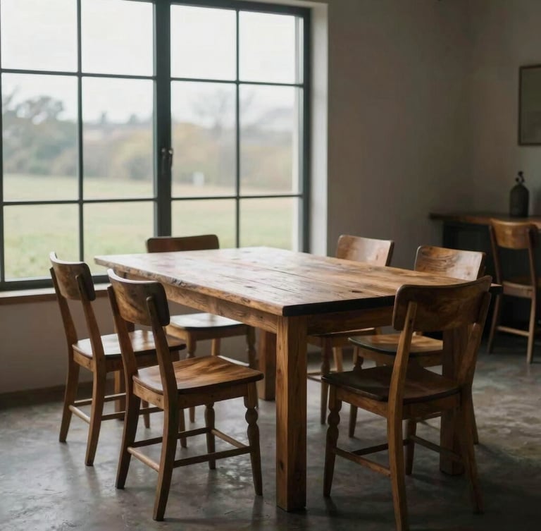 A rustic but refined wooden dining table set for service next to a large window, soft overcast daylight, empty chairs waiting for guests