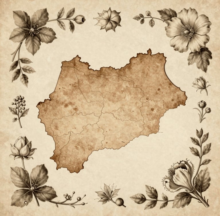 Historical map style illustration of southwestern Morocco, vintage botanical borders, muted sepia and khaki tones, aged parchment texture.