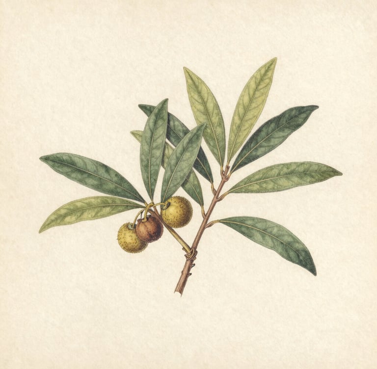 Vintage botanical illustration of Argania spinosa branches with leaves and fruits, detailed ink and watercolor herbarium plate on aged cream paper texture, soft flat archival lighting, centered composition