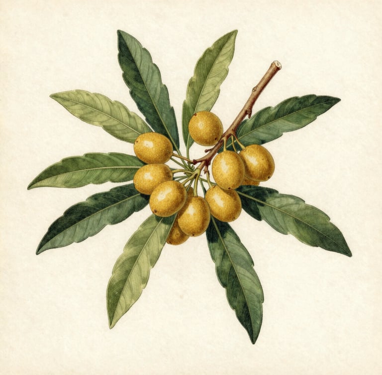 Detailed antique botanical illustration of Argania spinosa branches with golden fruits and green leaves, flat-lay on aged cream paper, scientific plate style