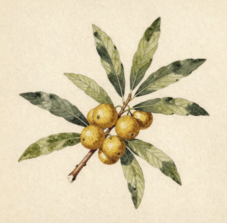 Detailed ink and watercolor botanical illustration of Argania spinosa branch with leaves and golden fruits, vintage herbarium plate style, muted natural tones, aged cream paper background with soft texture