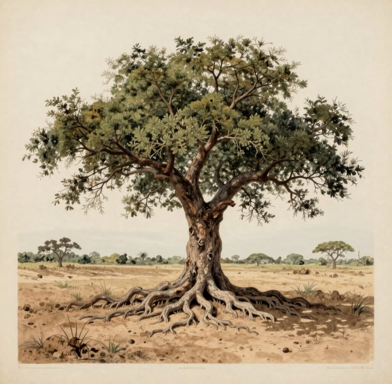 An ancient argan tree with deep roots spreading into dry sandy soil, wide horizon, soft overcast daylight, vintage photographic document style