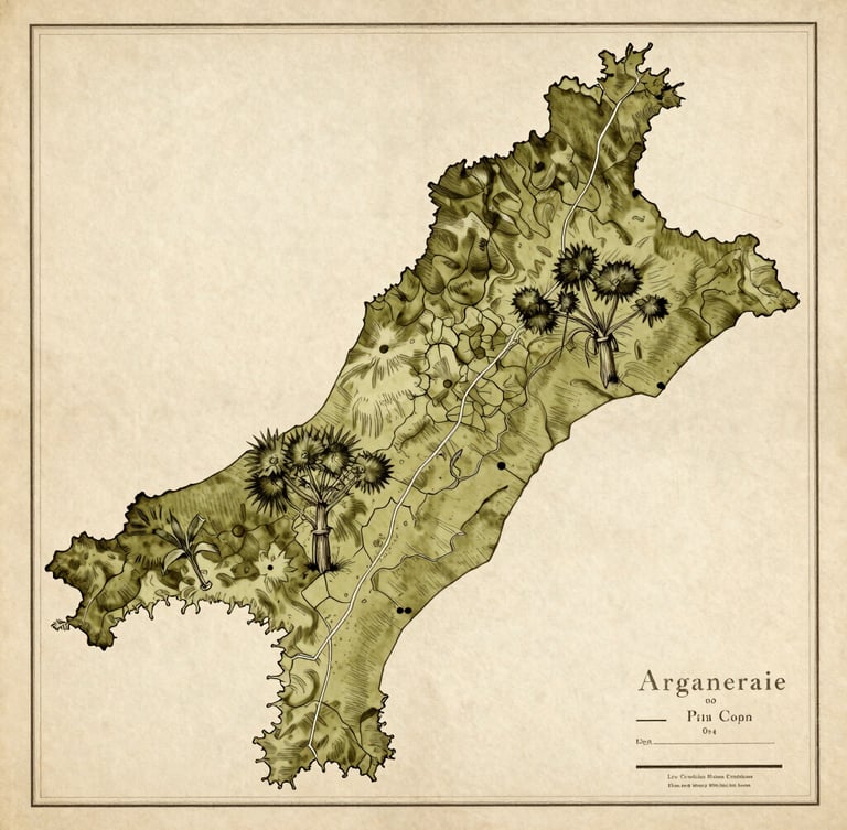 Historical map of southwestern Morocco showing the arganeraie distribution, vintage archival document style, sepia and olive tones, aged paper texture.