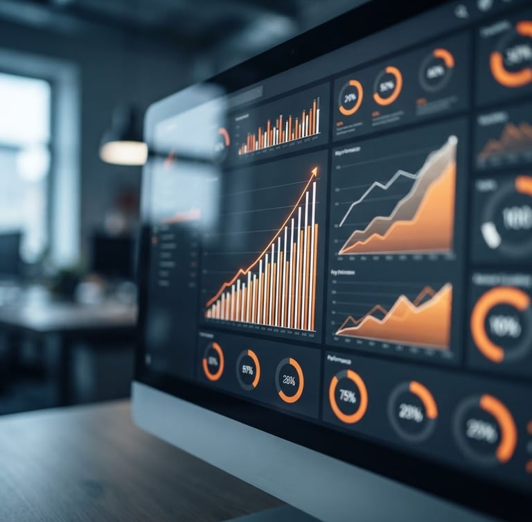 Macro shot of a high-contrast data dashboard screen displaying upward trend graphs and key performance indicators, cool office tones, sharp focus, 35mm lens.