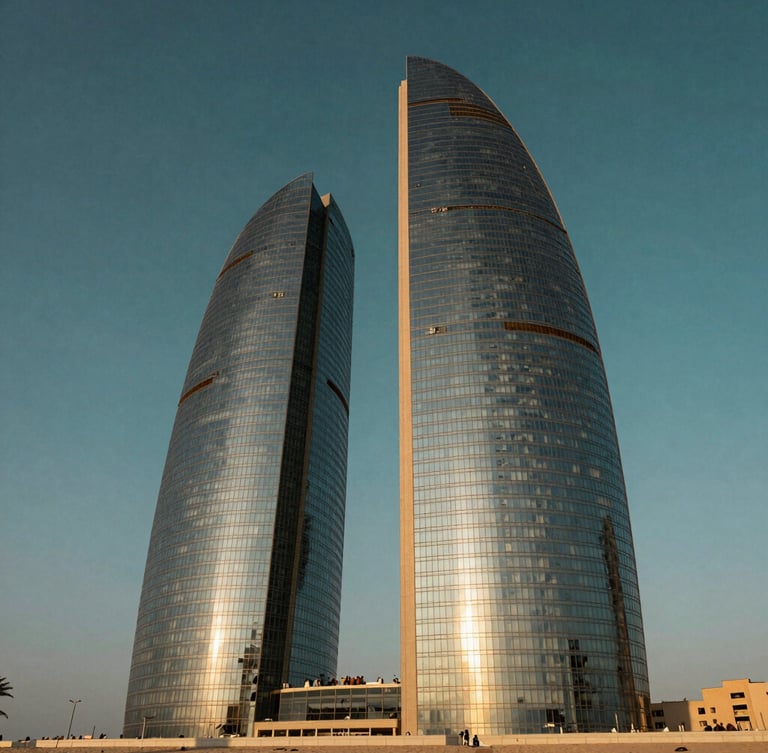 Low-angle architectural photography of Port Baku Towers at golden hour, sunlight reflecting off the glass facade, deep teal sky, sharp detail, 35mm