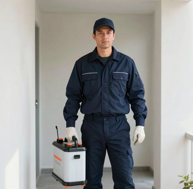 Portrait of a confident, uniformed pest control technician, mid-action, holding professional equipment, in a well-lit residential crawlspace, high contrast, sharp focus, 35mm