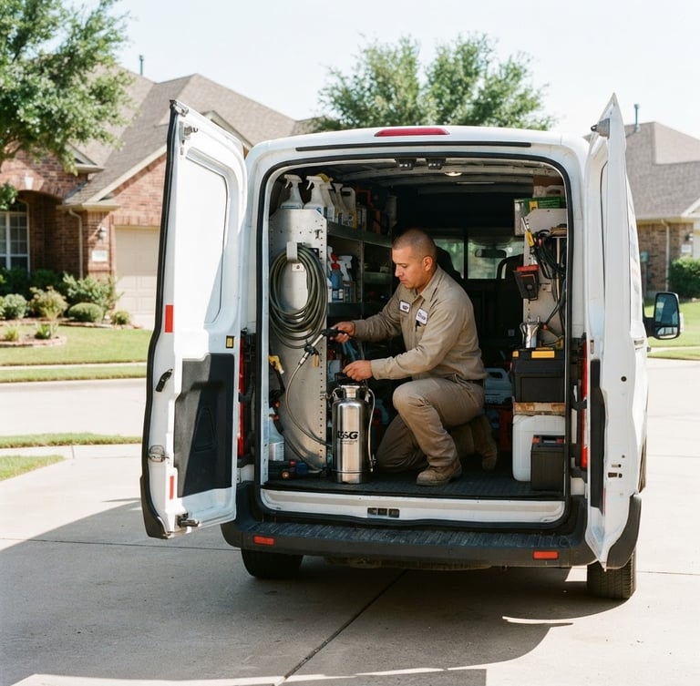 North Richland Hills pest control technician in uniform preparing equipment in a branded service truck, residential driveway, bright natural daylight, high contrast, sharp focus, 35mm
